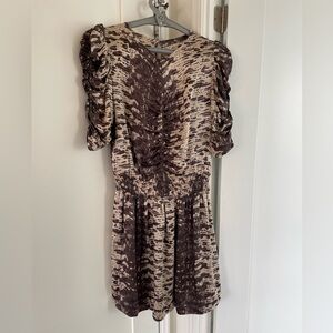 Brown and Tan Snake Print Drop Waist Silk Short Sleeved and Ruched Bodice Dress